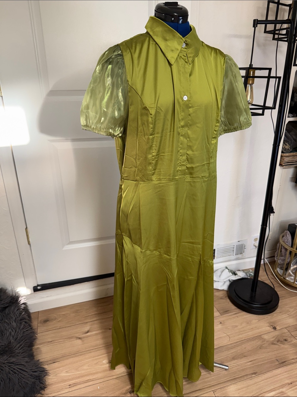 Chartreuse Green Satin Puff-Sleeve Shirt Dress